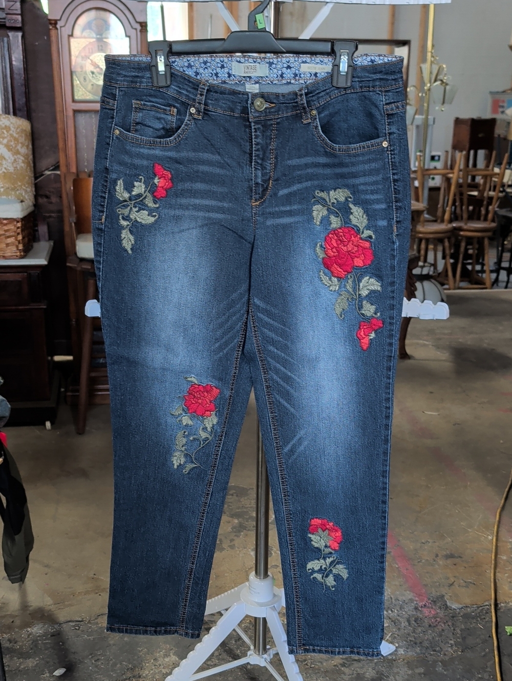 Vintage America Dark Wash Bestie Jeans with Red Rose Embroidery